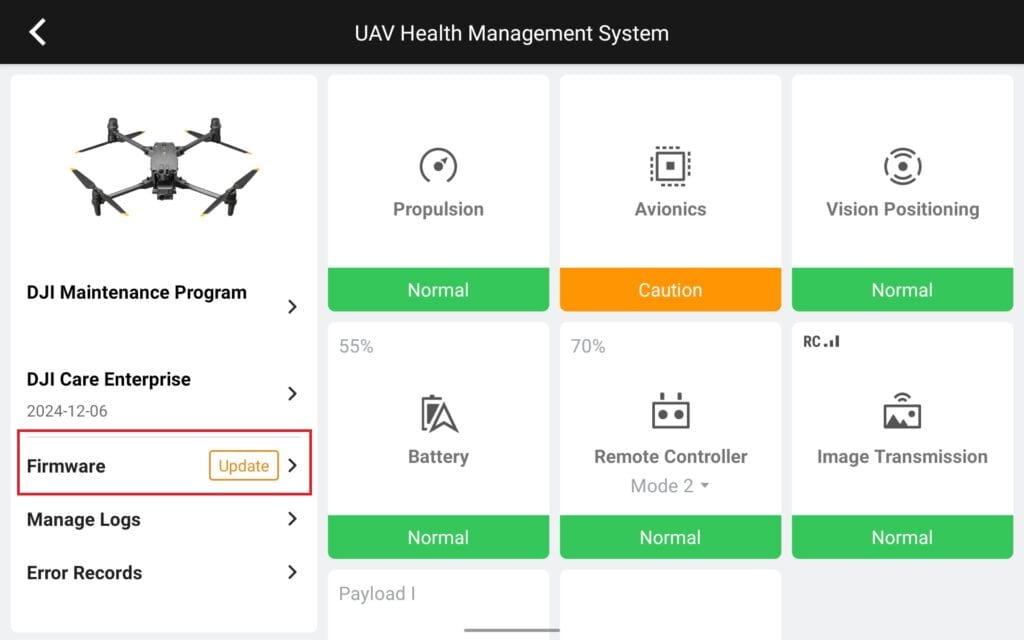zrzut ekranu z aplikacji dji pilot informacja o dostępnej aktualizacji firmware