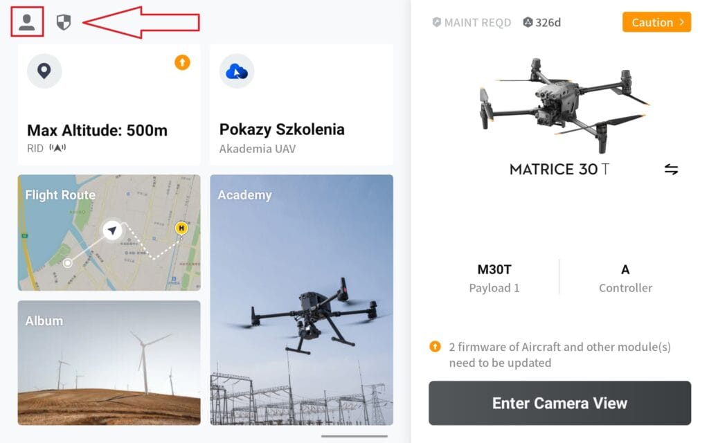 zrzut ekranu z aplikacji dji pilot miejsce logowania do profilu użytkownika