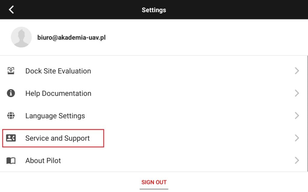 zrzut ekranu z aplikacji dji pilot serice and support